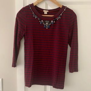 Jcrew jewelled red and navy stripe top, xxs
